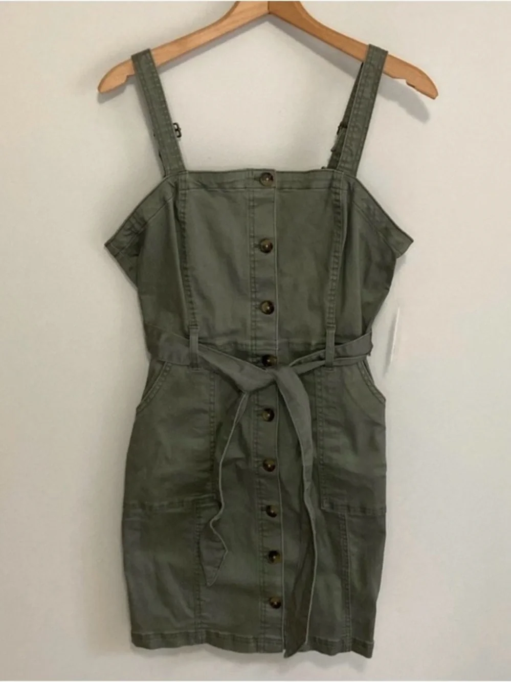NWT Olive Green Button-Front Tie-Waist Mini Dress, Size Large, SO